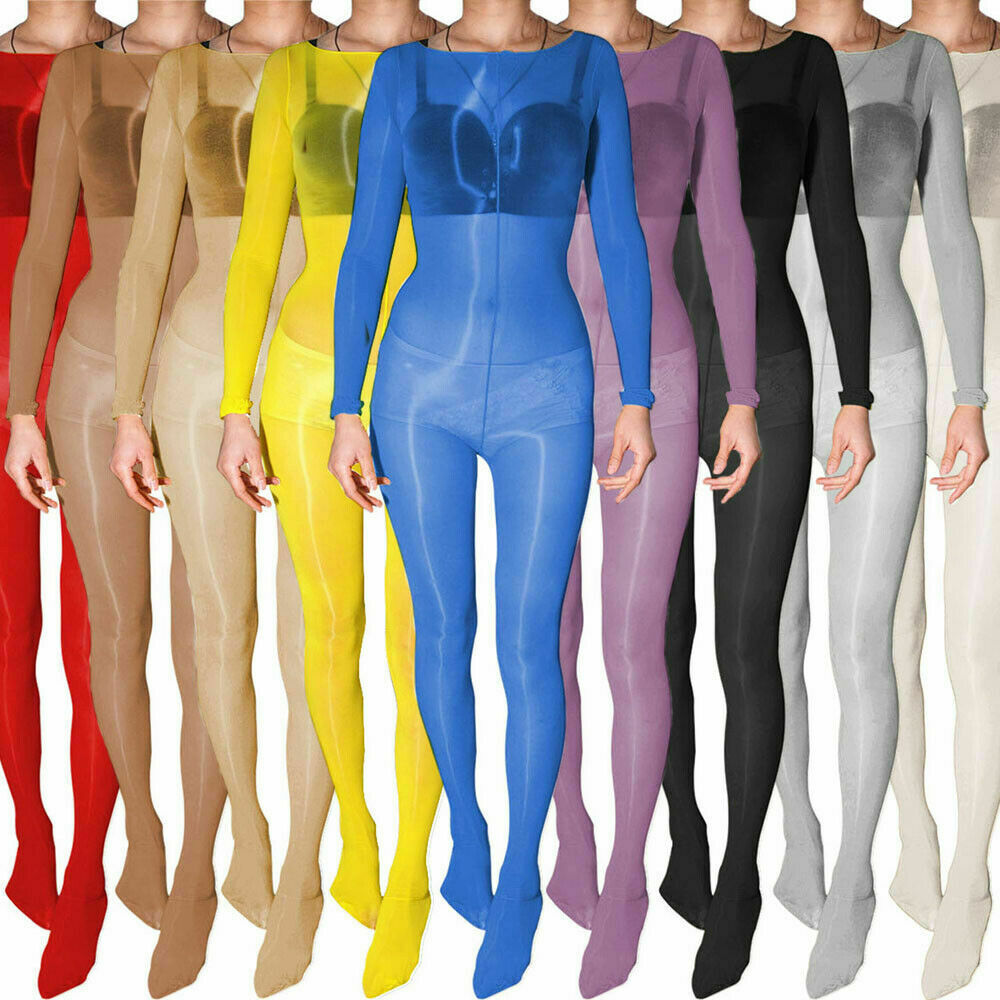 Unisex Ultra shiny Bodystocking Long Sleeve Catsuit Sheer Nylon Jumpsuits Men