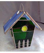 Cute Green/Blue Stained Glass Hanging Birdhouse Tea Light Holder / Suncatcher - $14.60