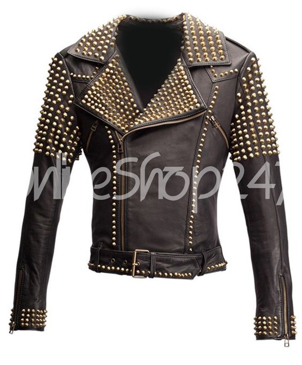 New Woman Black Full Golden Spiked Studded Brando Unique Biker Leather ...