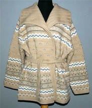 Liz Claiborne Grey Tan LRG Collar Belted Thick Heavy Wool Knit Cardigan ... - $64.99