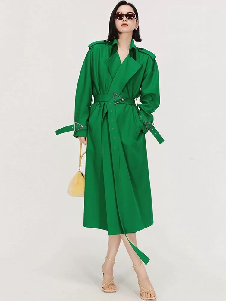 New green classic women long oversized trench coat with belt plus size