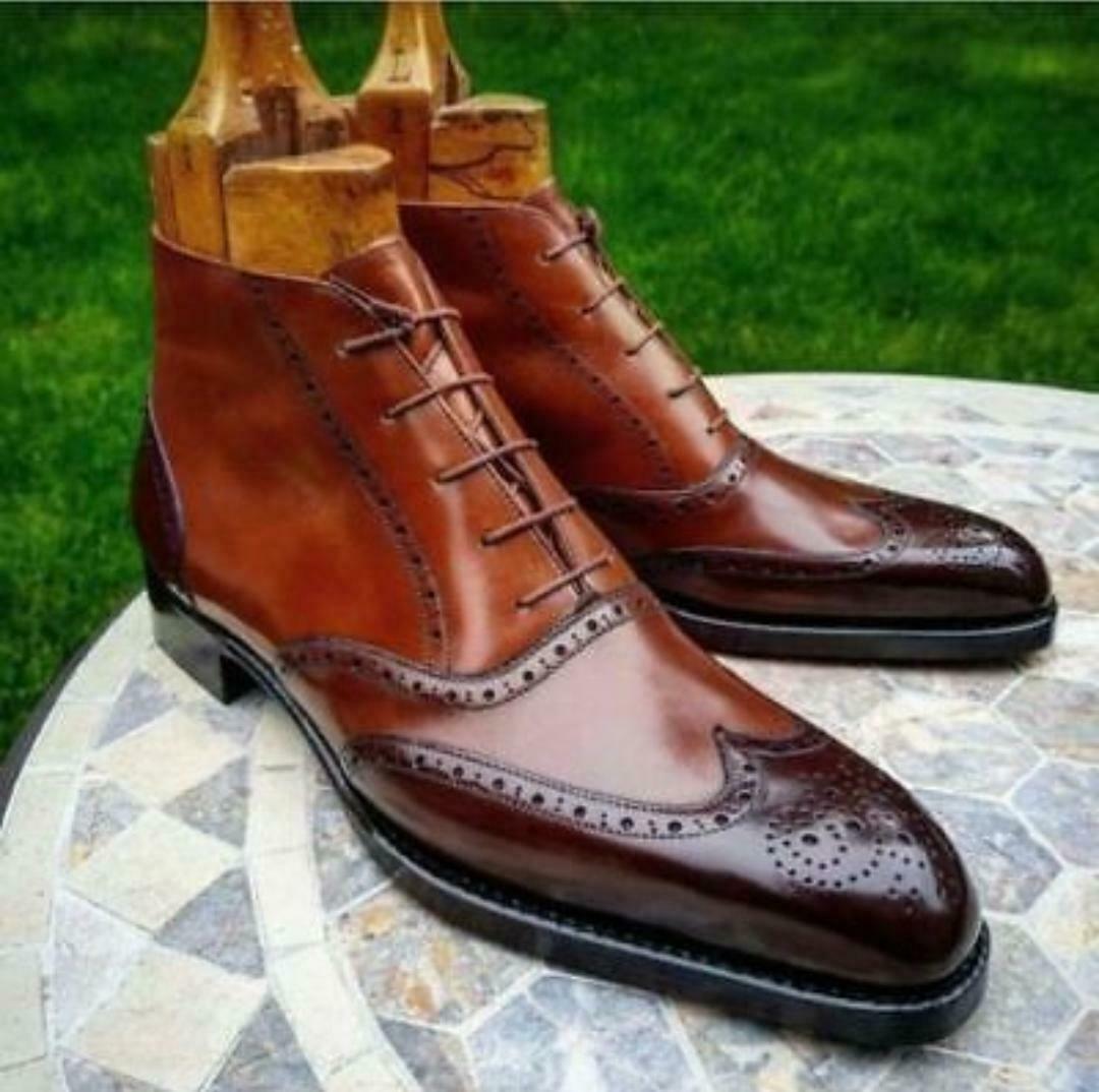 Handmade Mens Leather Cognac Patina Ankle High Boots Custom Made Men Boots Dressformal 9257