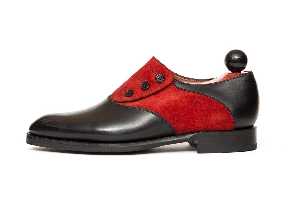Two Tone Red Black Cont Suede Leather Derby Toe Handmade Spectator Button Shoes