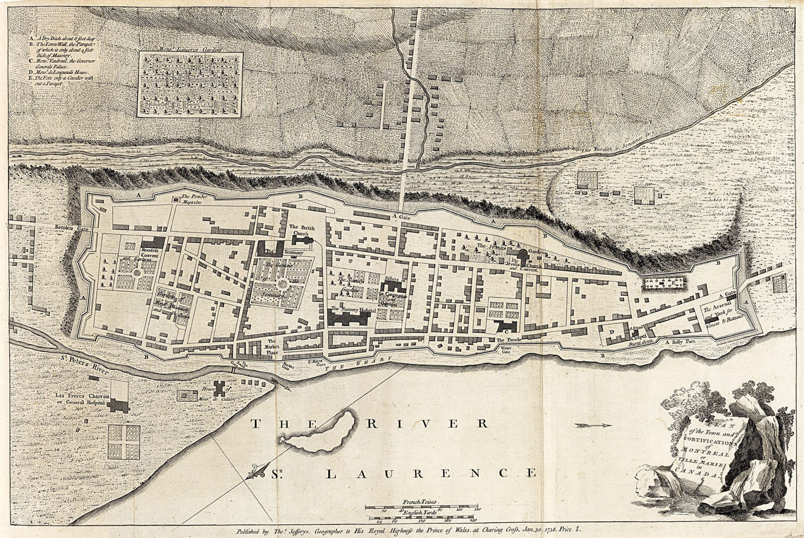 1758 Montreal or Ville Marie Town Map Wall Poster Decor Vintage History