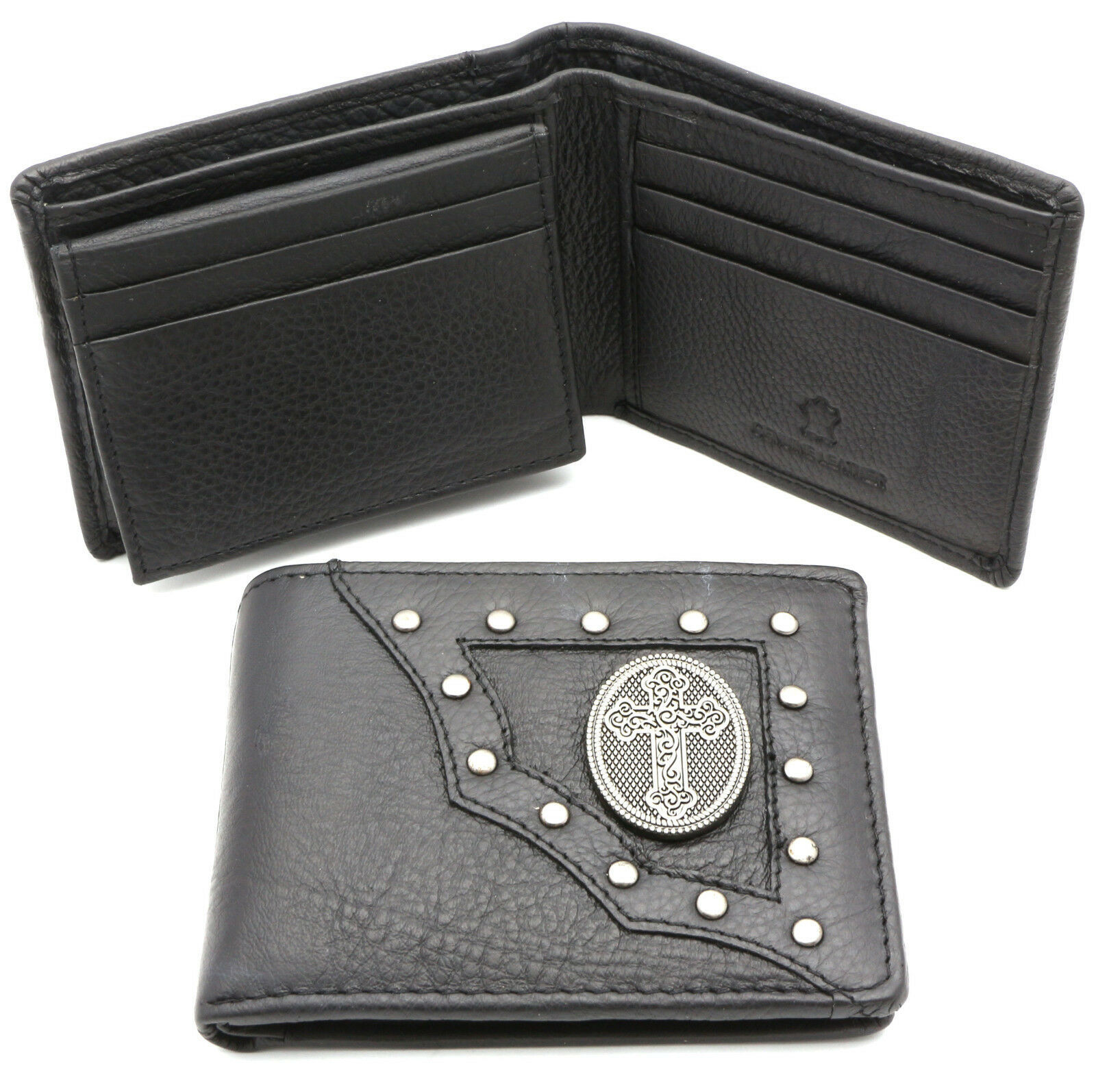 Bifold Black Genuine Leather Wallet with Christian Cross Design with