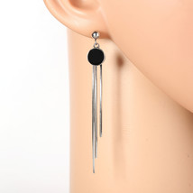 Silver Tone Drop Earrings, Jet Black Faux Onyx Circle & Tassels - $26.99