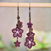 Asymmetric Tatted Lace Flower Earrings Beaded in dark Maroon Bordo color - $15.00