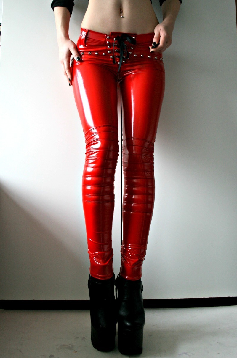 Women Red Silver Studded Laced Up Zipper Genuine Leather Pants