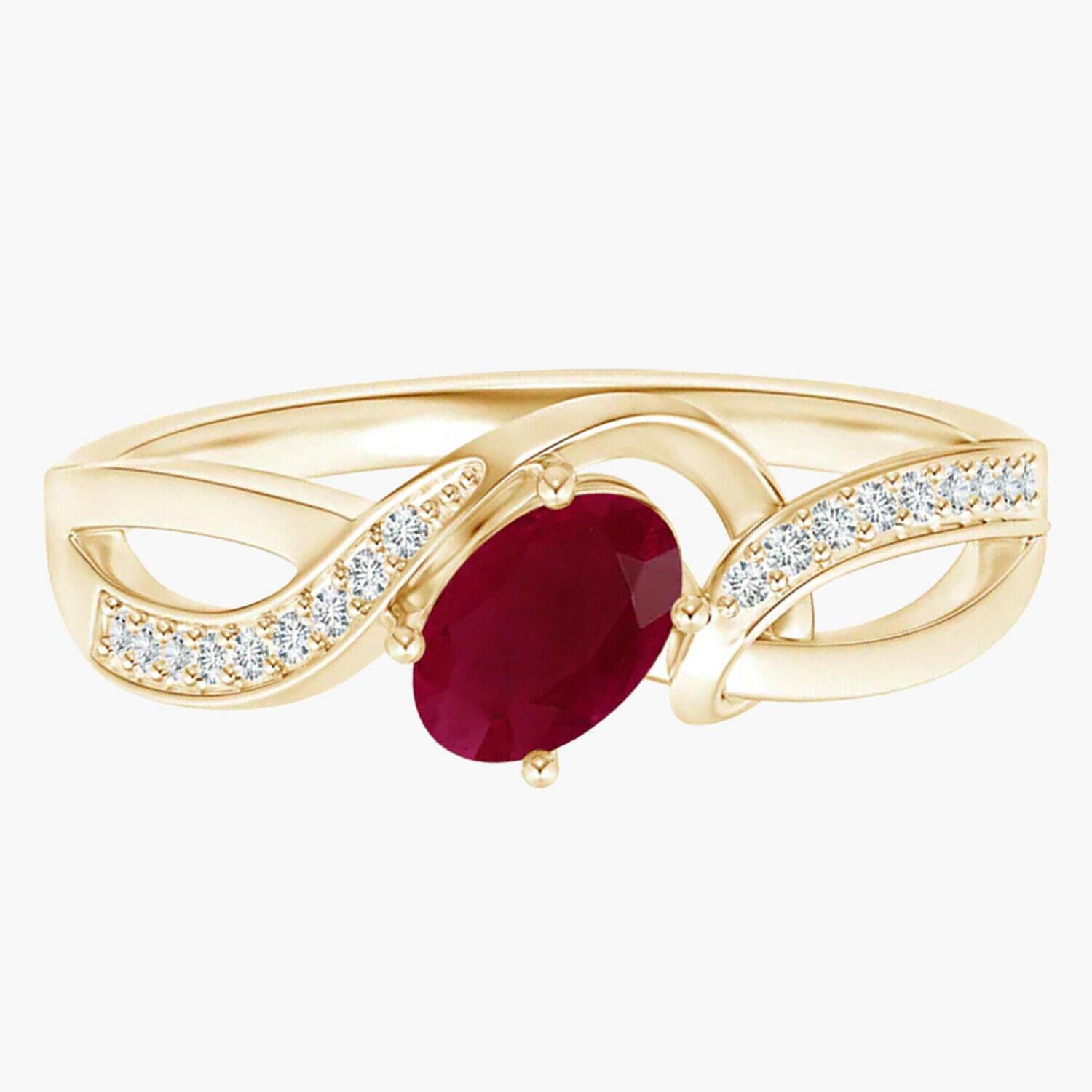 1.00 Cts Ruby Split Shank Ring With Simulated Diamond Accents 9K Yellow Gold