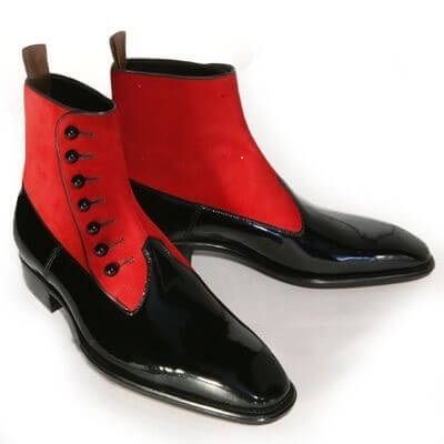 Men's Two Tone Red Black Plain Toe High Ankle Suede Real Leather Button Boots