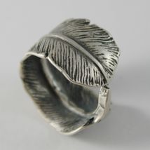 SOLID 925 BURNISHED SILVER BAND RING FEATHER PLUME FINELY WORKED, MADE IN ITALY image 3