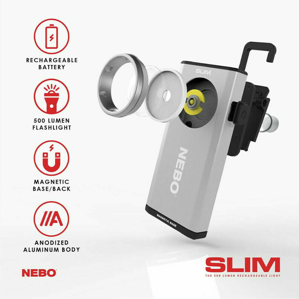 NEBO Slim Flashlight Work Light COB LED 500 Lumen USB Rechargeable 6694 - Silver - Flashlights