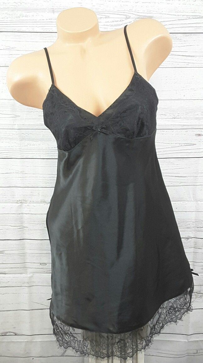 AMBRIELLE black glossy Satin & lace Short NightGown Sz S Luxurious Lace ...