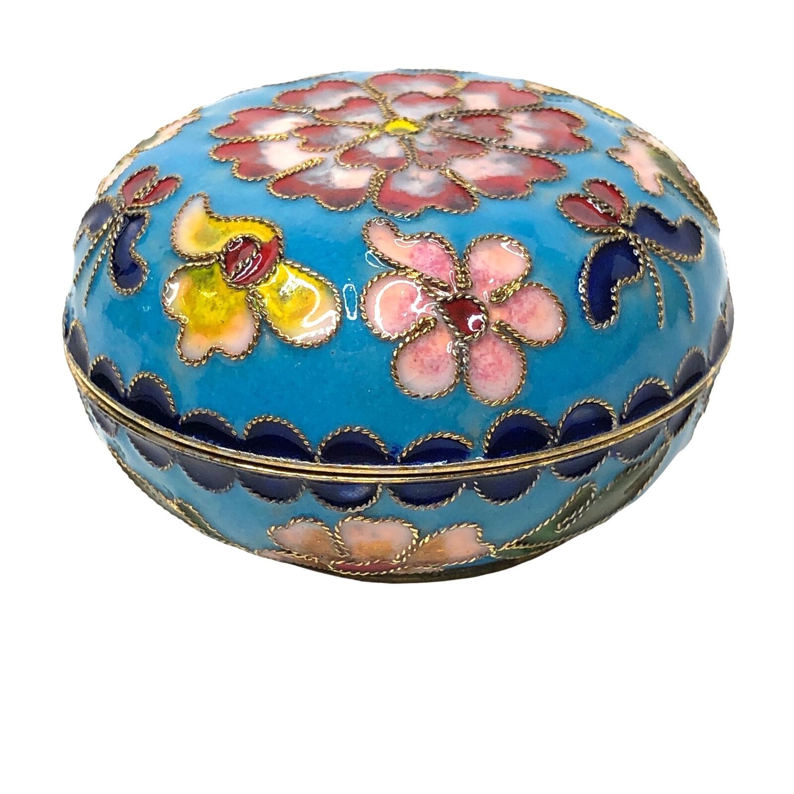 Primary image for Vintage Asian Cloisonné Trinket Box Floral Round Domed Lid Jewelry Turquoise