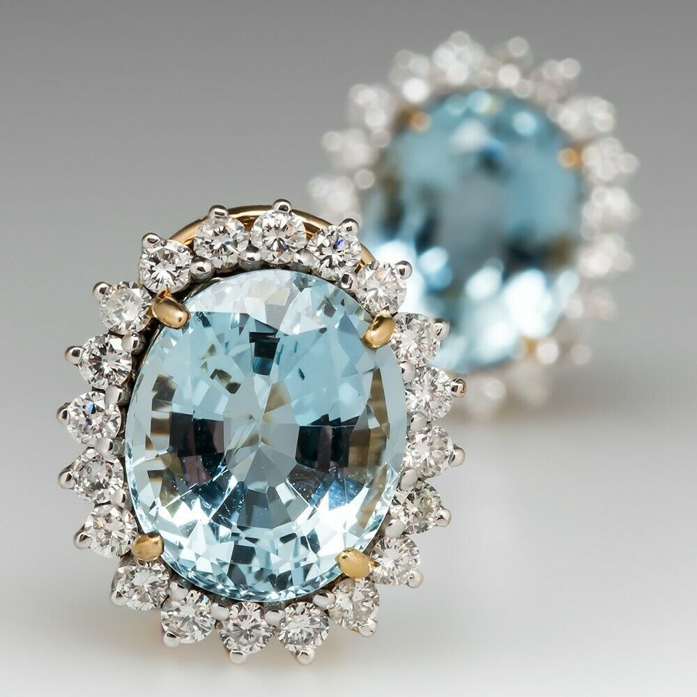 6.50Ct Oval Cut Aquamarine Diamond ClipOn Stud Earrings 18K Yellow