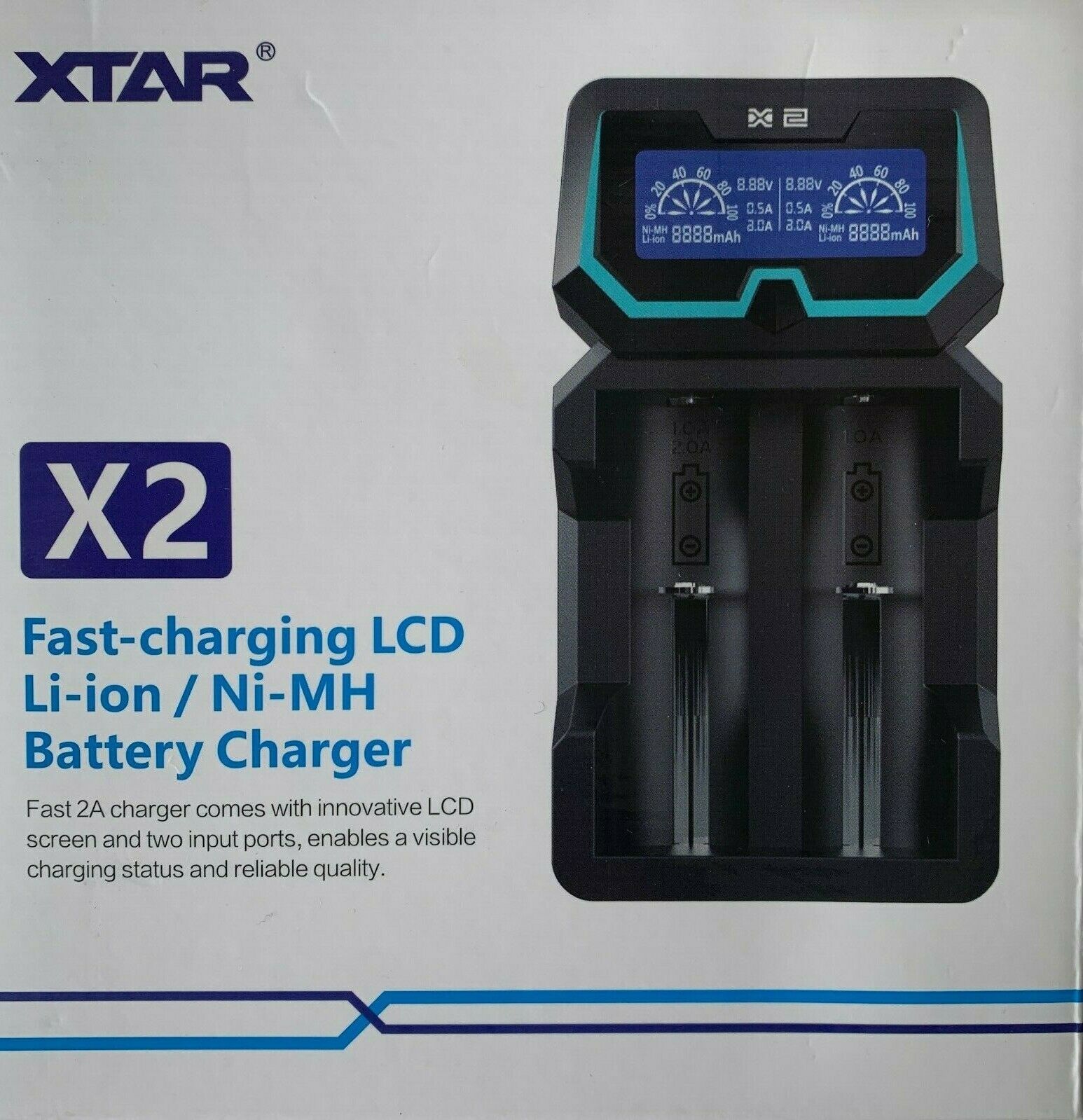 New XTAR X2 LCD Fast Charging Battery Charger ( USB + AC, 18650, AA