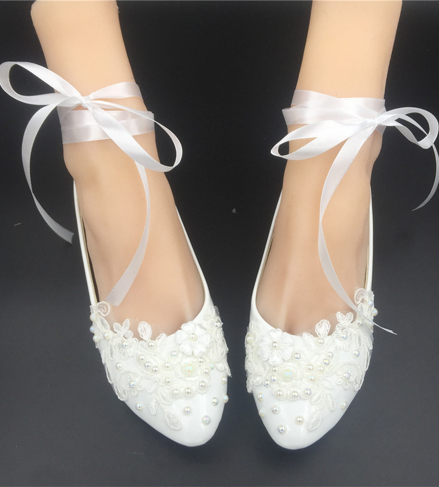 Women Ivory White Lace up Ribbon Ankle Straps Wedding Shoes US Size 7,8,9,10,11