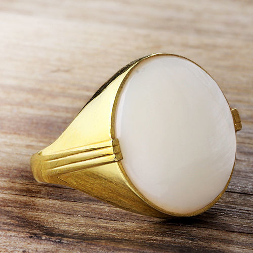 Mens 14K SOLID GOLD Ring Large NATURAL White Mother of Pearl Gemstone