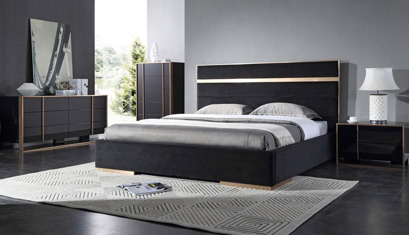 LIMARI 4 piece Contemporary Black & Bronze Bedroom Set w/ King Velvet