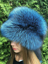 Dyed Silver Fox Full Fur Pillbox Hat Saga Furs Blue Color Detachable Tail image 4
