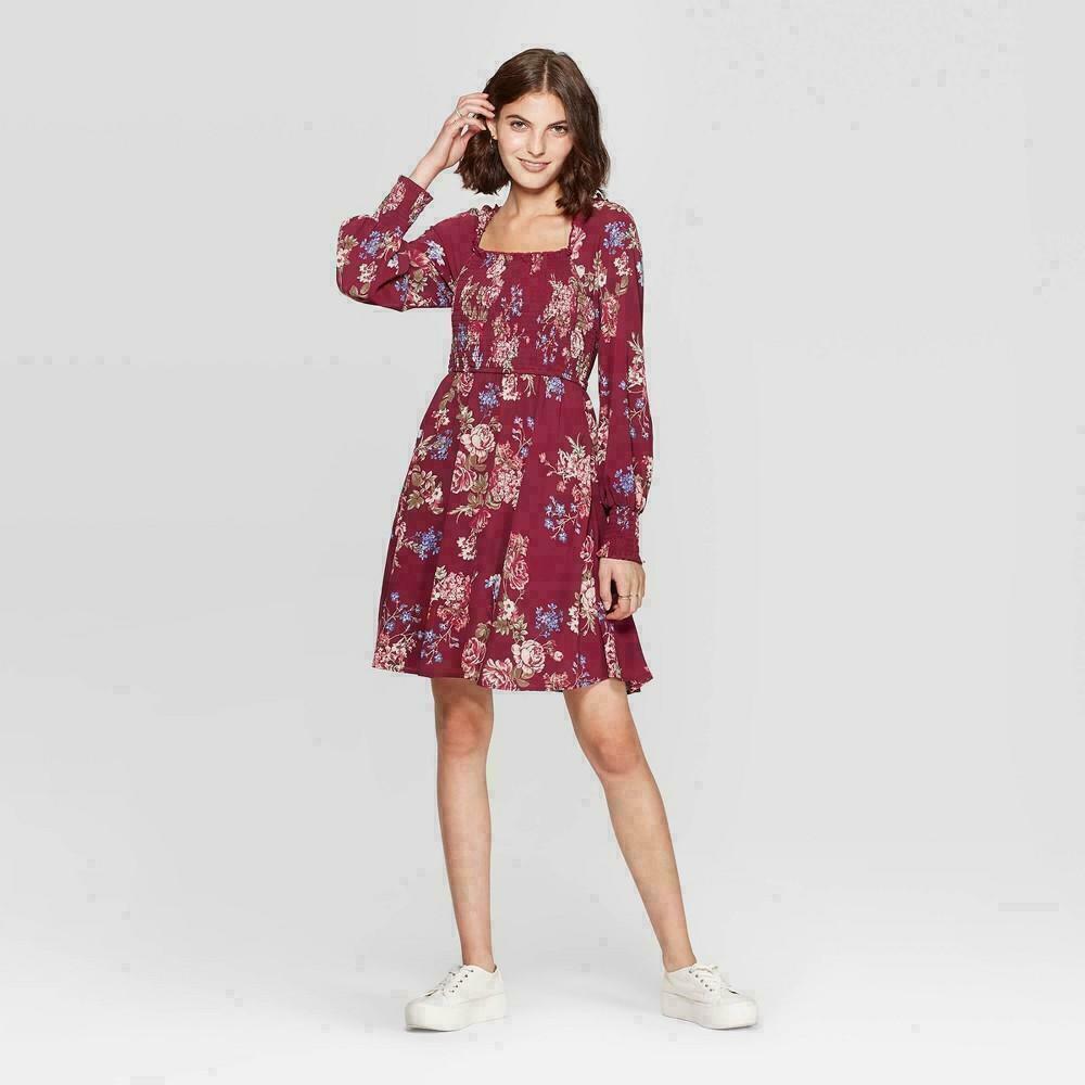 Xhilaration Women's Floral Print Long Sleeve Square Neck Smocked Top Mini Dress Wine S