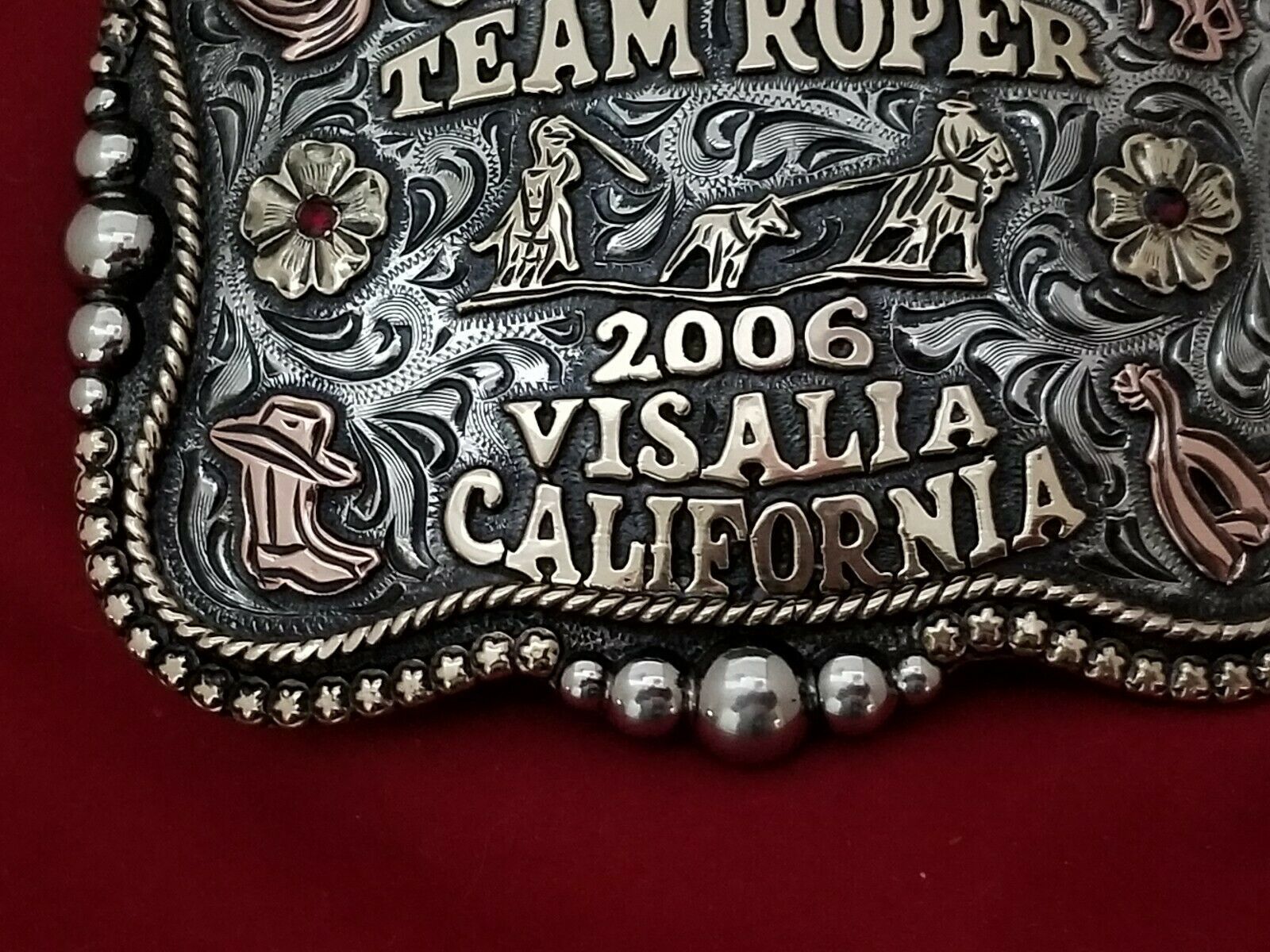 2006 RODEO VINTAGE TROPHY BELT BUCKLEVISALIA CALIFORNIA TEAM ROPING