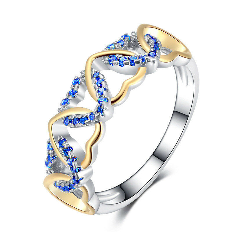 Fashion Heart Women's Wedding Rings Two Tone 925 Silver Blue Sapphire Size 6-10