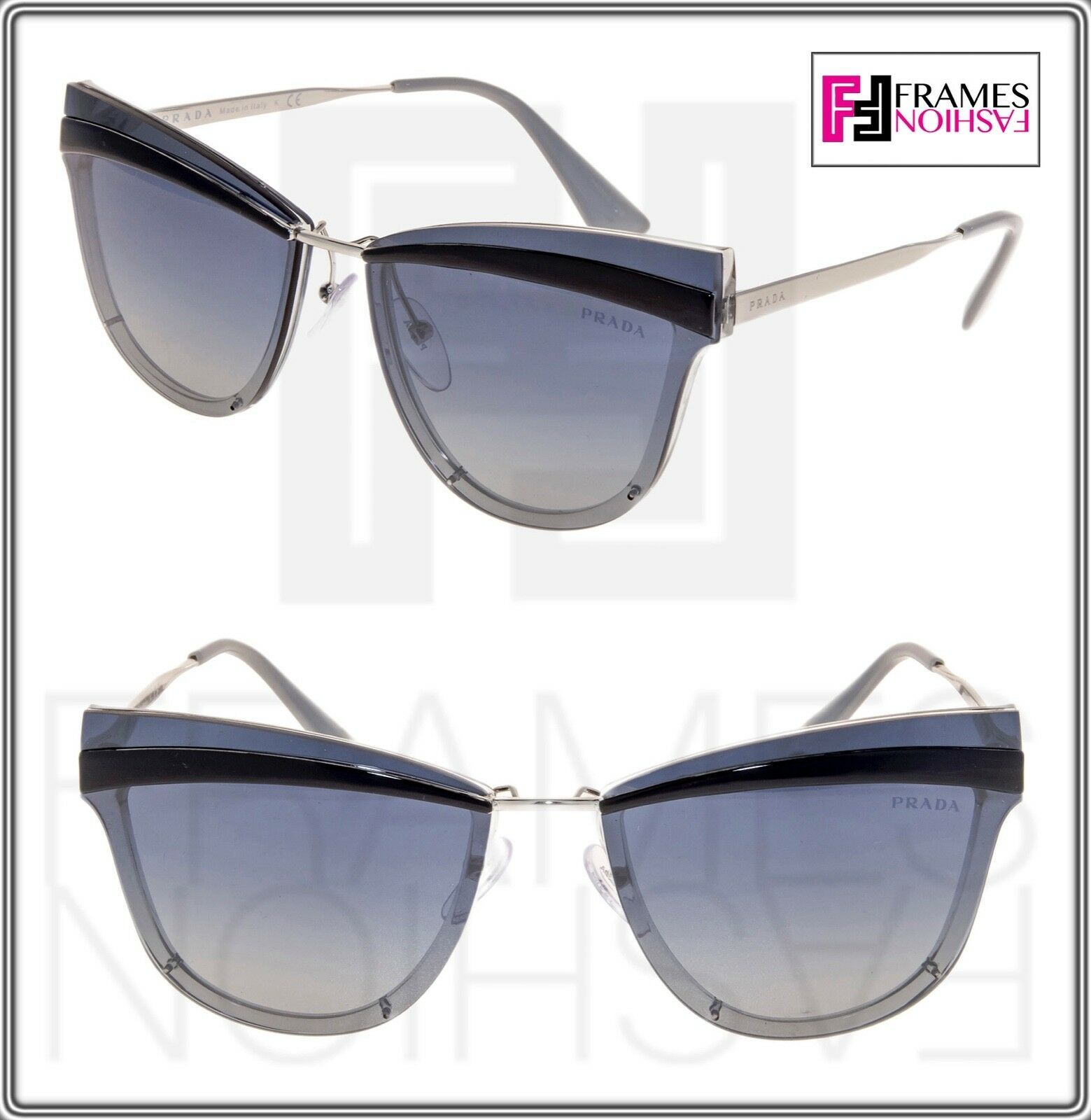 PRADA 12U CINEMA Cat Eye Metal Sunglasses Silver Blue Brow Gradient PR12US Women
