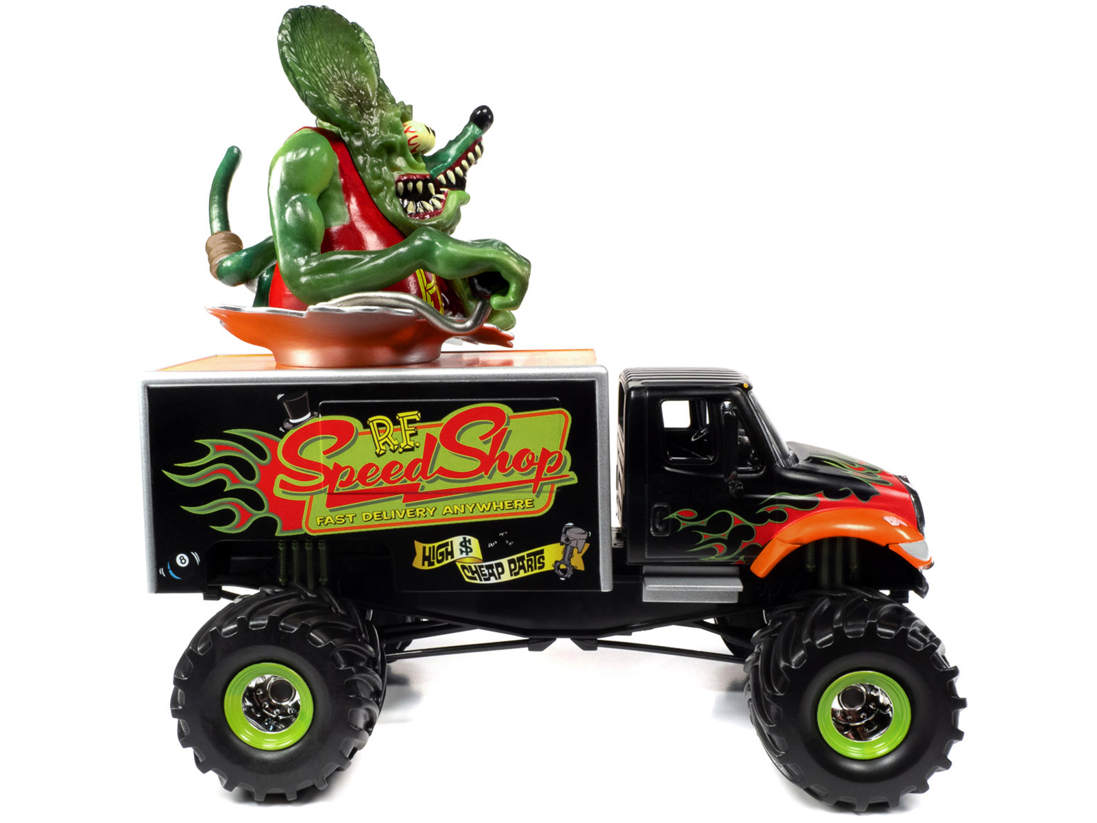 Primary image for International 4400 Monster Truck Matt Black with Flames and Rat Fink Figure Atta