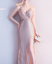 Sleeveless Sexy Sequin Dress V Neck High Slit Sequin Maxi Dress Gown Pink Gold image 7
