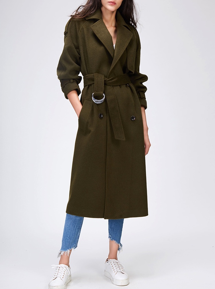 New olive green warm winter double breasted woolen coat with belt ...