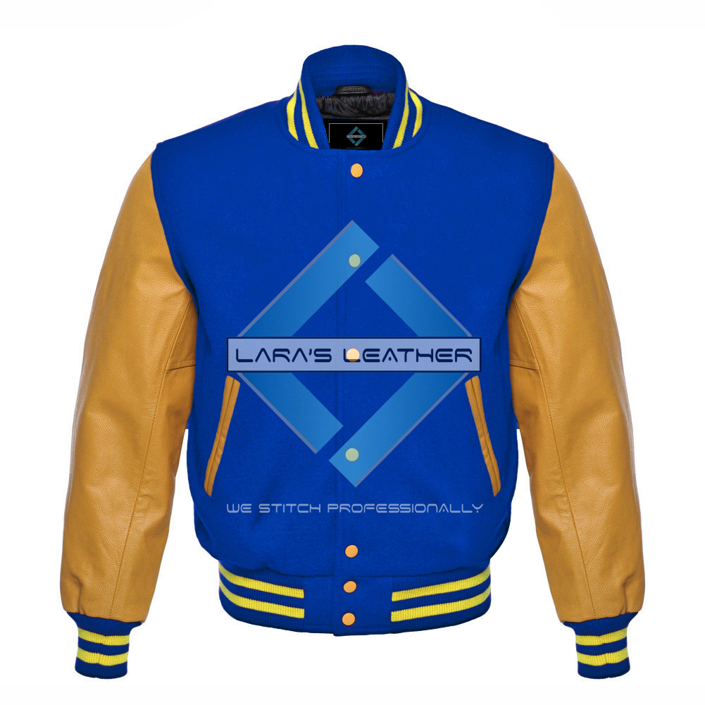 New Varsity Royal Blue Letterman Wool Jacket with yellow Real Leather Sleeves