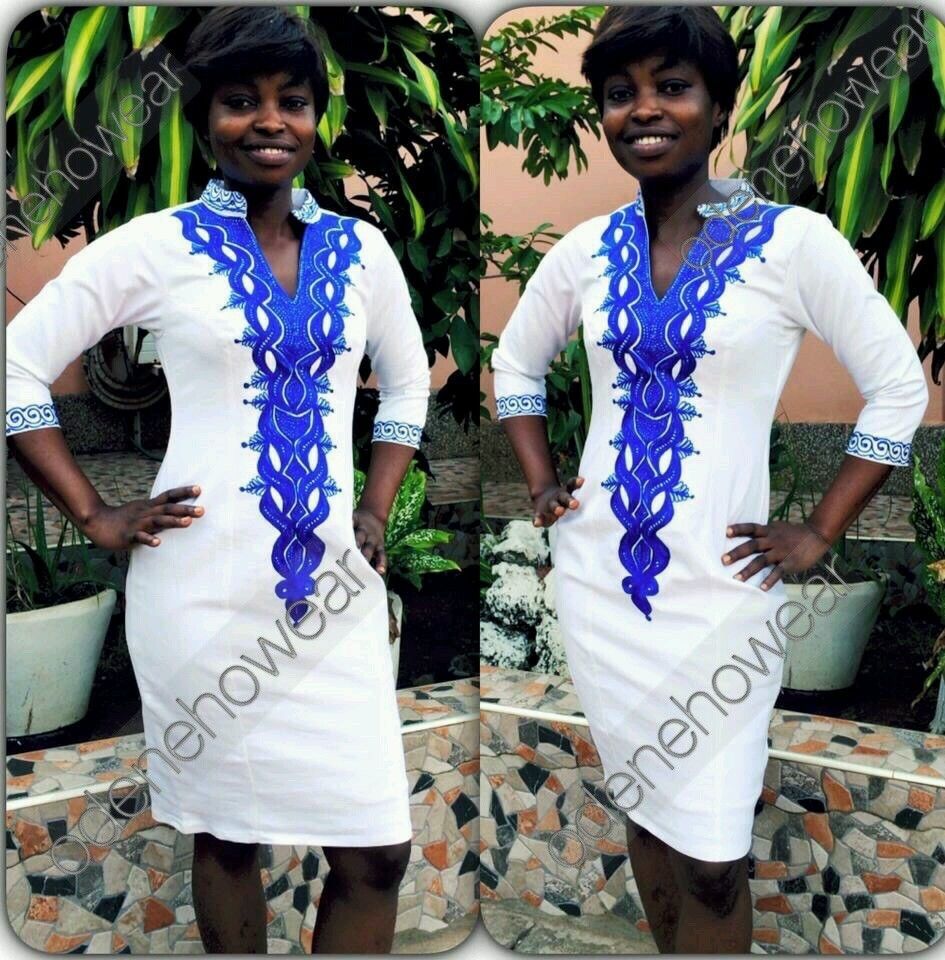 Odeneho Wear Ladies White Polished Cotton Dress/Embroidery.African Clothing. 