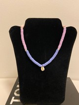 Heishi beaded necklace shell enamel & pearl polymer disc coloured pink purple ha - $15.00