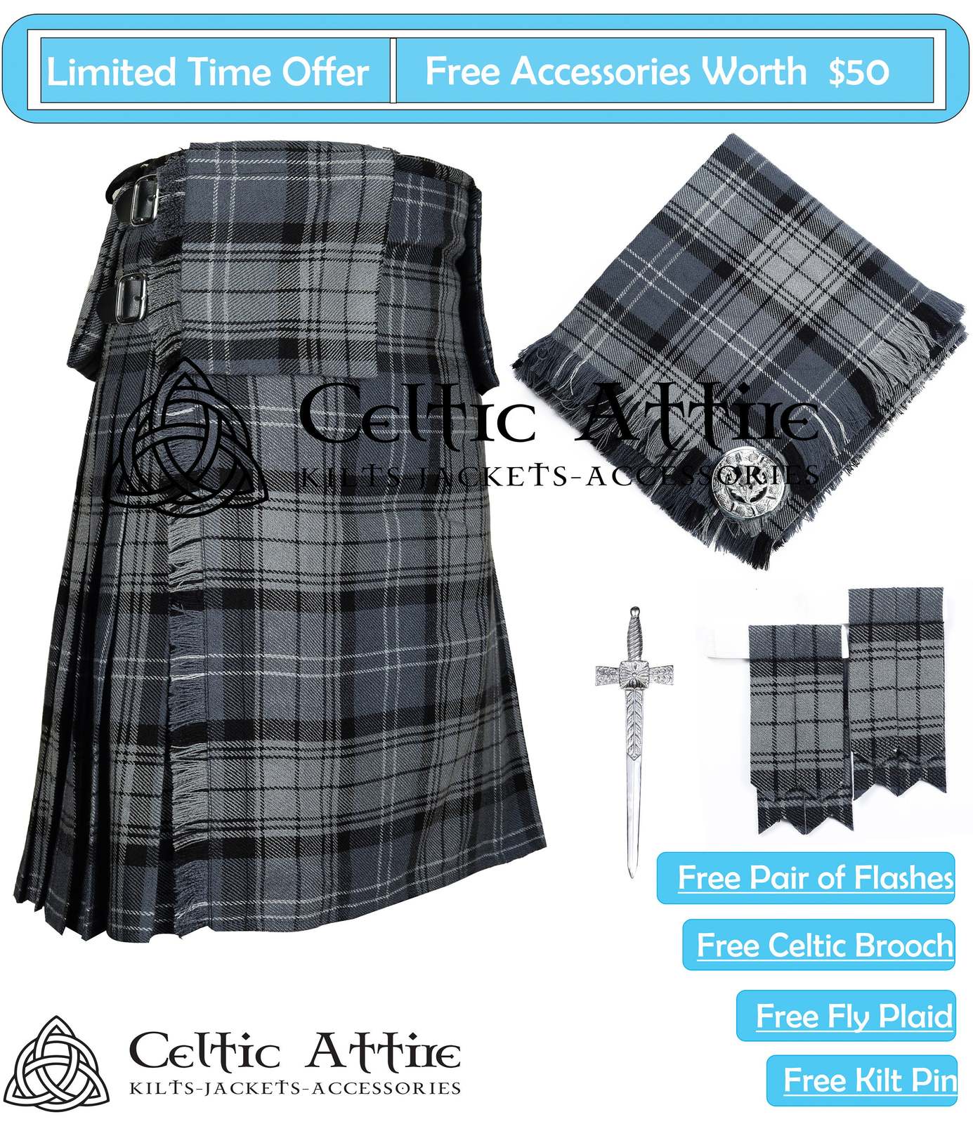 Kilt Pin Kilt Socks Kilt Package Free Accessories Scottish 8 Yard Pride of Scotland TARTAN KILT with 3 Detachable Pockets Flashes