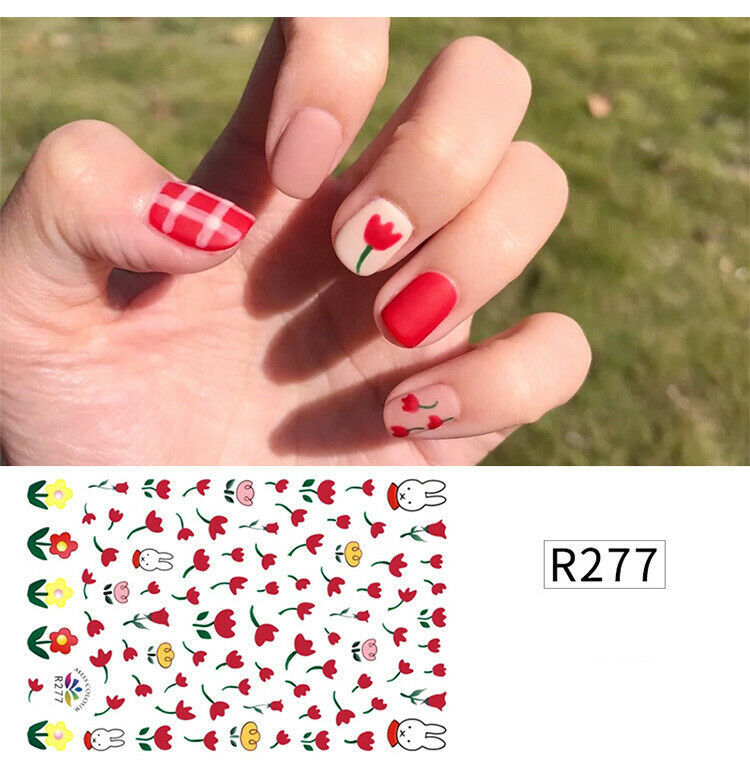 Nail Art 3D Stickers Design Decoration Tips Flowers Red Green Rabbit R277