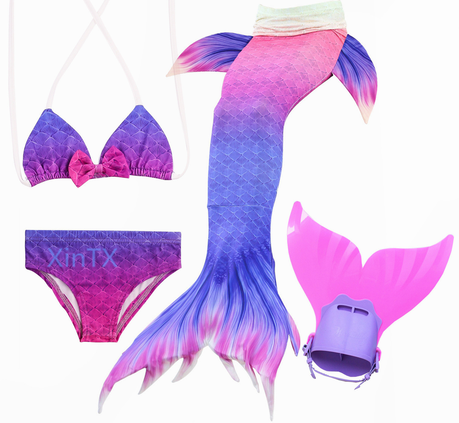 4pcsset Purple Swimmable Mermaid Tail With Monofin Girls Swimwear Costume Girls 4124