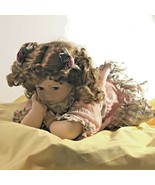 15” LITTLE GIRL LAYING Porcelain DOLL Brown hair blue eyes in a 2 piece ... - $44.54