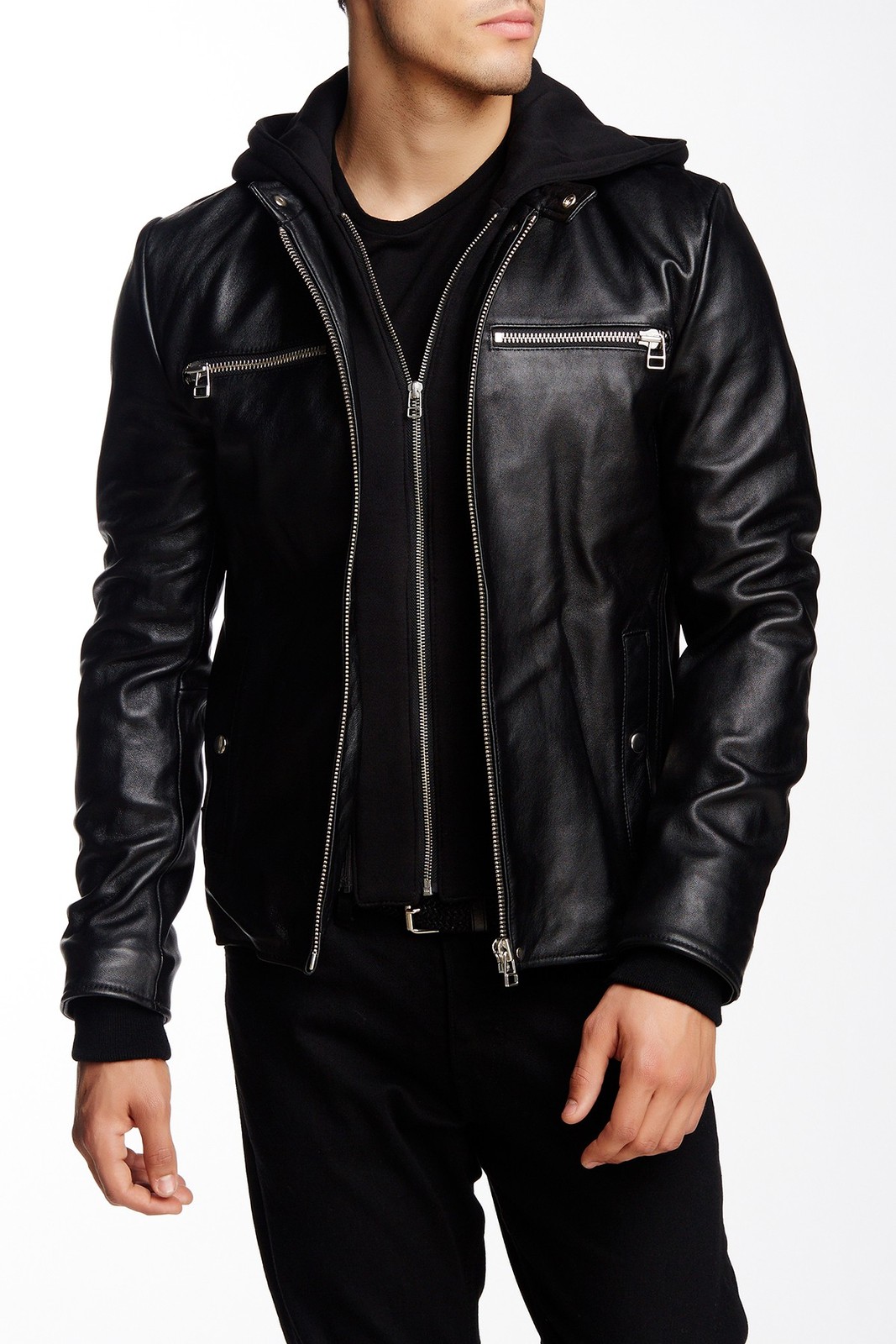 Men Black Detachable Fabric Hooded Leather Jacket, Biker Leather Jacket Men Outerwear