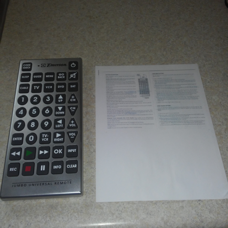 EMERSON JUMBO UNIVERSAL REMOTE CONTROL 200630063863.X, Batteries/Manual Included Remote Controls