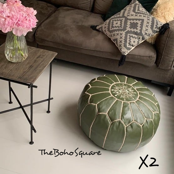 Set Of 2 Handmade & Hand-Stitched Moroccan Pouf, Genuine Leather, Olive Green