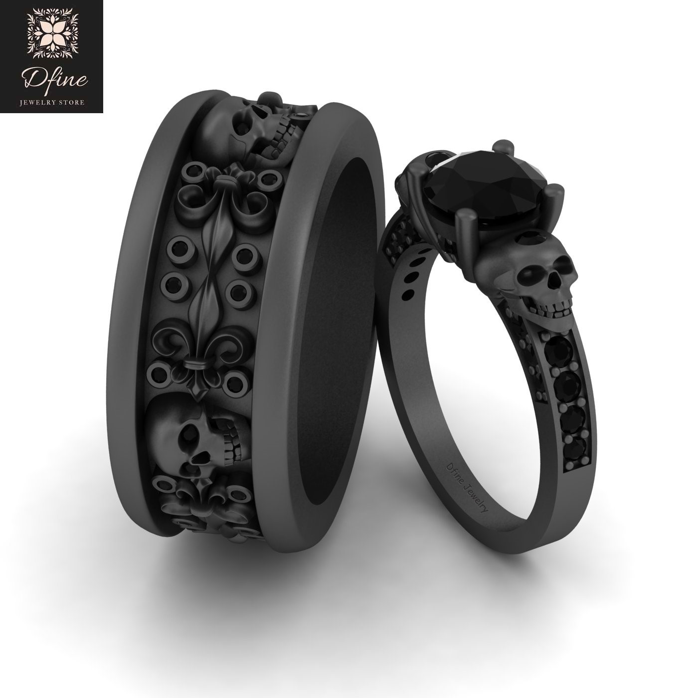 His and Her  Matching Gothic Skull  Engagement  Ring  Wedding  