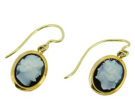 14k Yellow Gold Black and White Genuine Natural Agate Cameo Earrings (#J... - $321.75