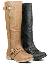 Faux Leather w Buckle Riding Side Zipper Knee High Boot Land-02 Black Tan Brown - $14.99