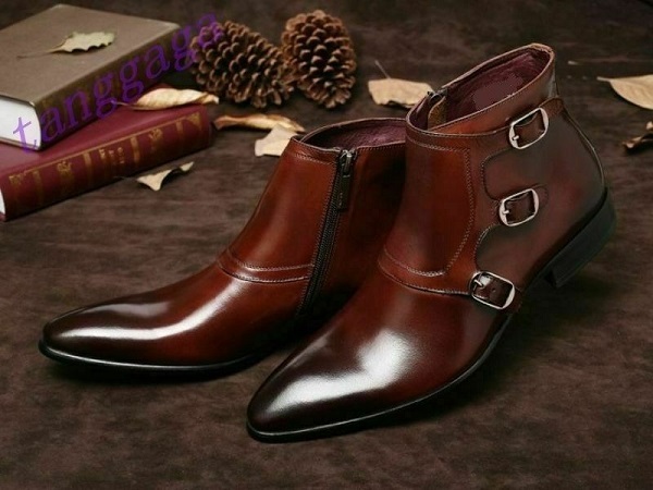 Men Handmade High Ankle Triple Buckles Side Zipper Closure Real Leather Boots