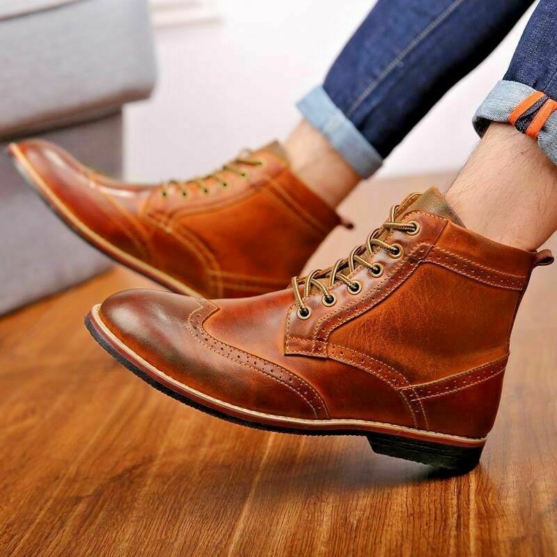 Handmade Men's Tan Ankle Wingtip Formal Casual Marching Military Boots