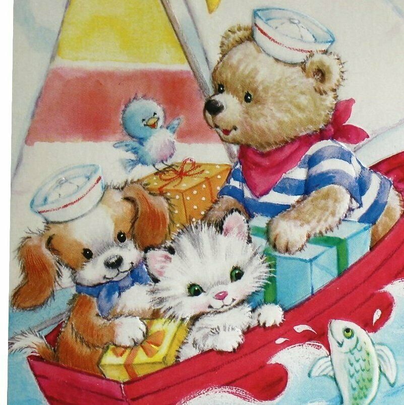 Gallant Birthday Greeting Card W Envelope Bear Dog Cat Sail Boat Fish 