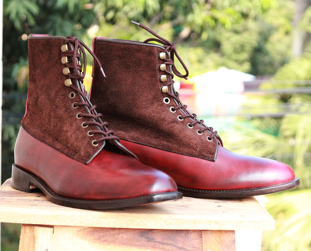 Handmade Men Burgundy Leather Brown Suede Ankle Boots, Men Designer ...