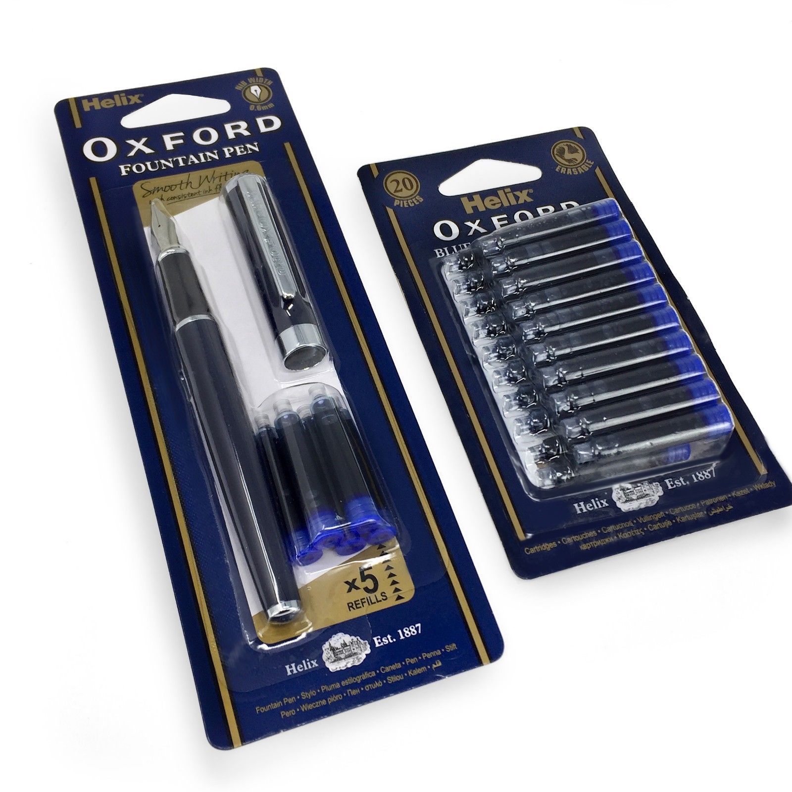 Helix Oxford Fountain Pen + 26 Erasable Blue Ink Refill Cartridges