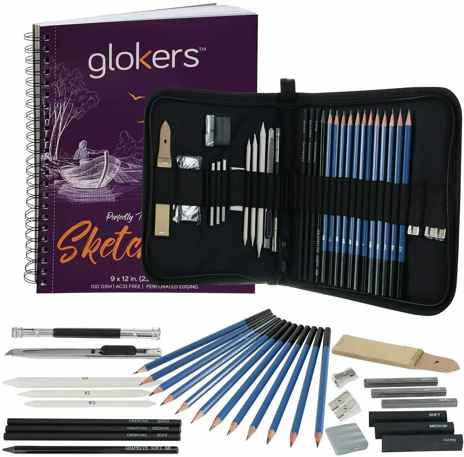 Glokers 33-Piece Drawing Art Set – Drawing Sketch Pad, Shading Pencils